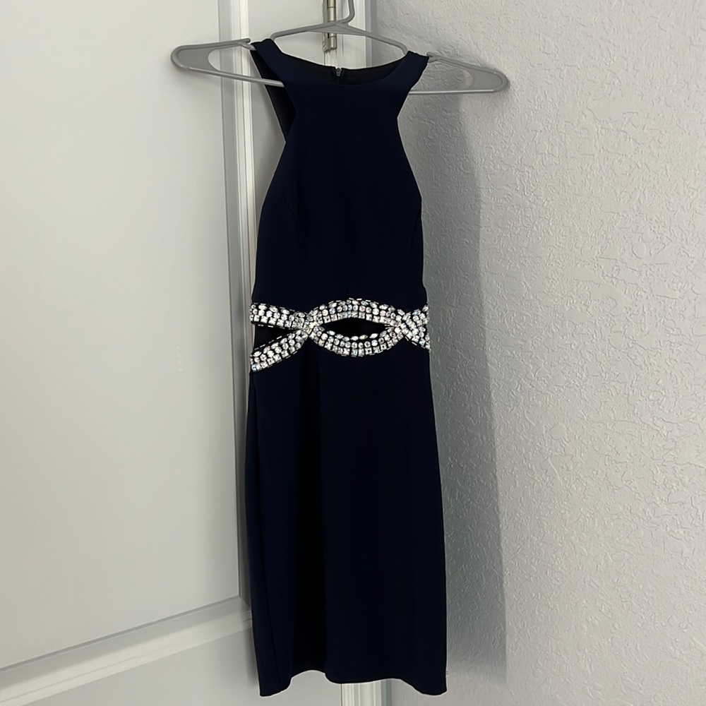 Blue bodycon homecoming dress with gems and zipper back size 3/4 worn once